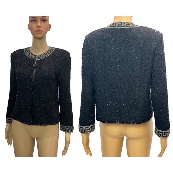 90s Y2K Black Heavily Beaded Silk Jacket Gold Silver Greek Key - Picture 4 of 10